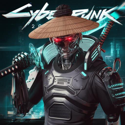 Modern cyberpunk design featuring Japanese warrior motifs