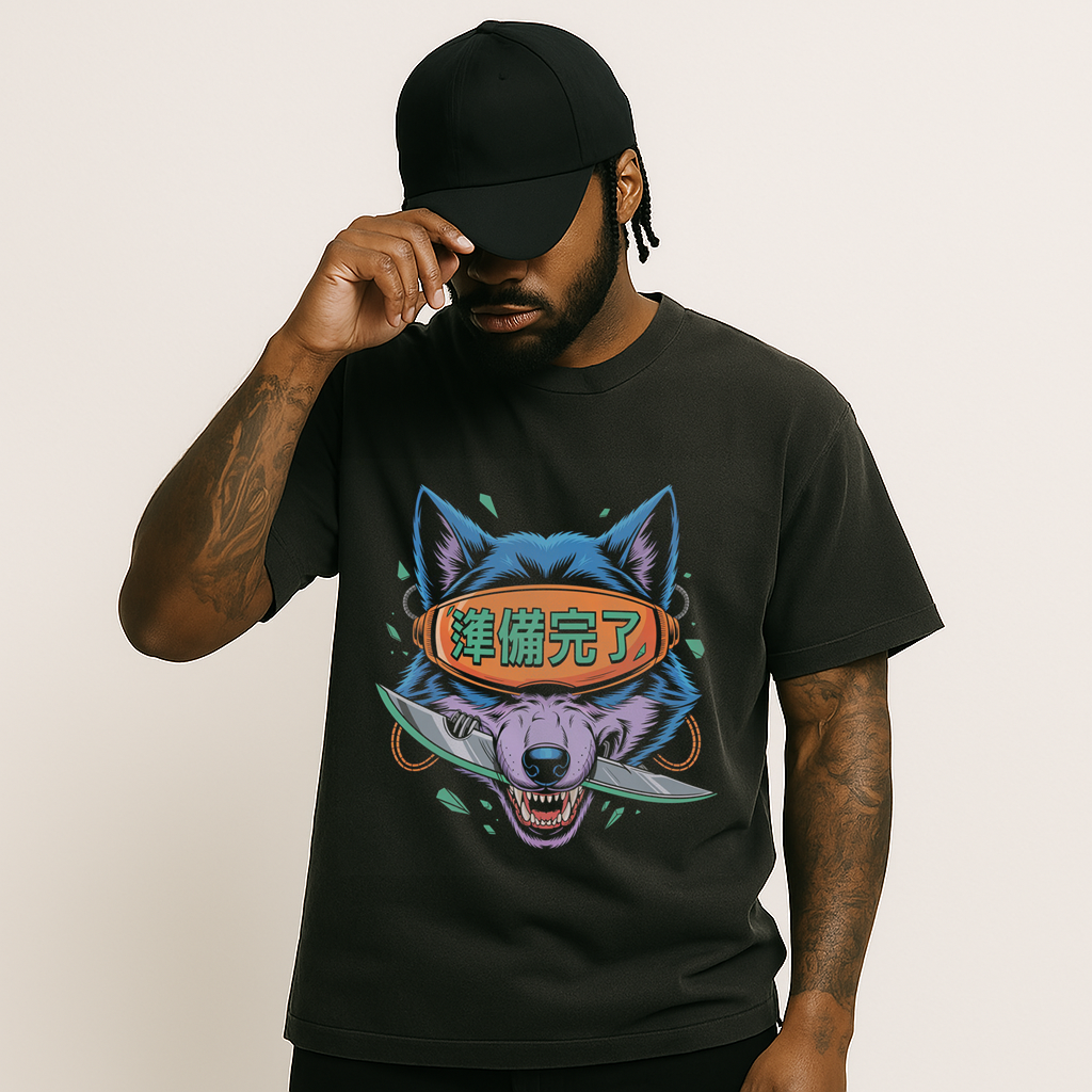 T-shirt mockup with model displaying wolf-inspired futuristic design Cyberpunk Wolf Art T-Shirt