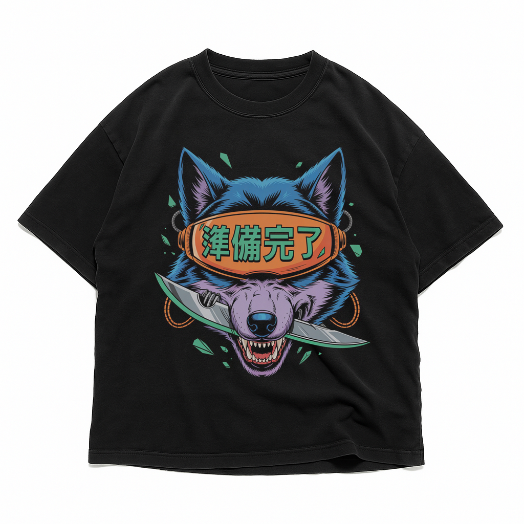 T-shirt mockup displaying wolf-themed futuristic digital design Cyberpunk Wolf Art T-Shirt