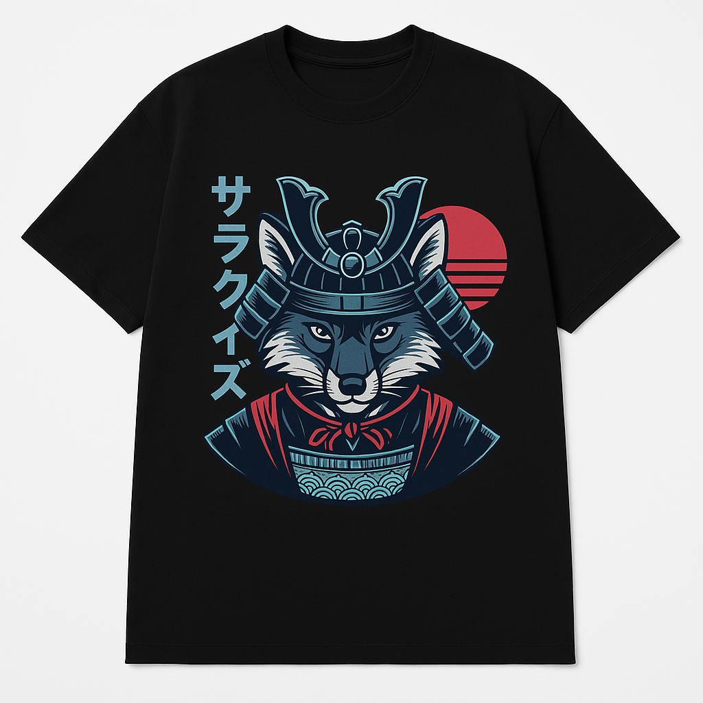 T-shirt mockup highlighting the stylized fox samurai graphic on a blank shirt