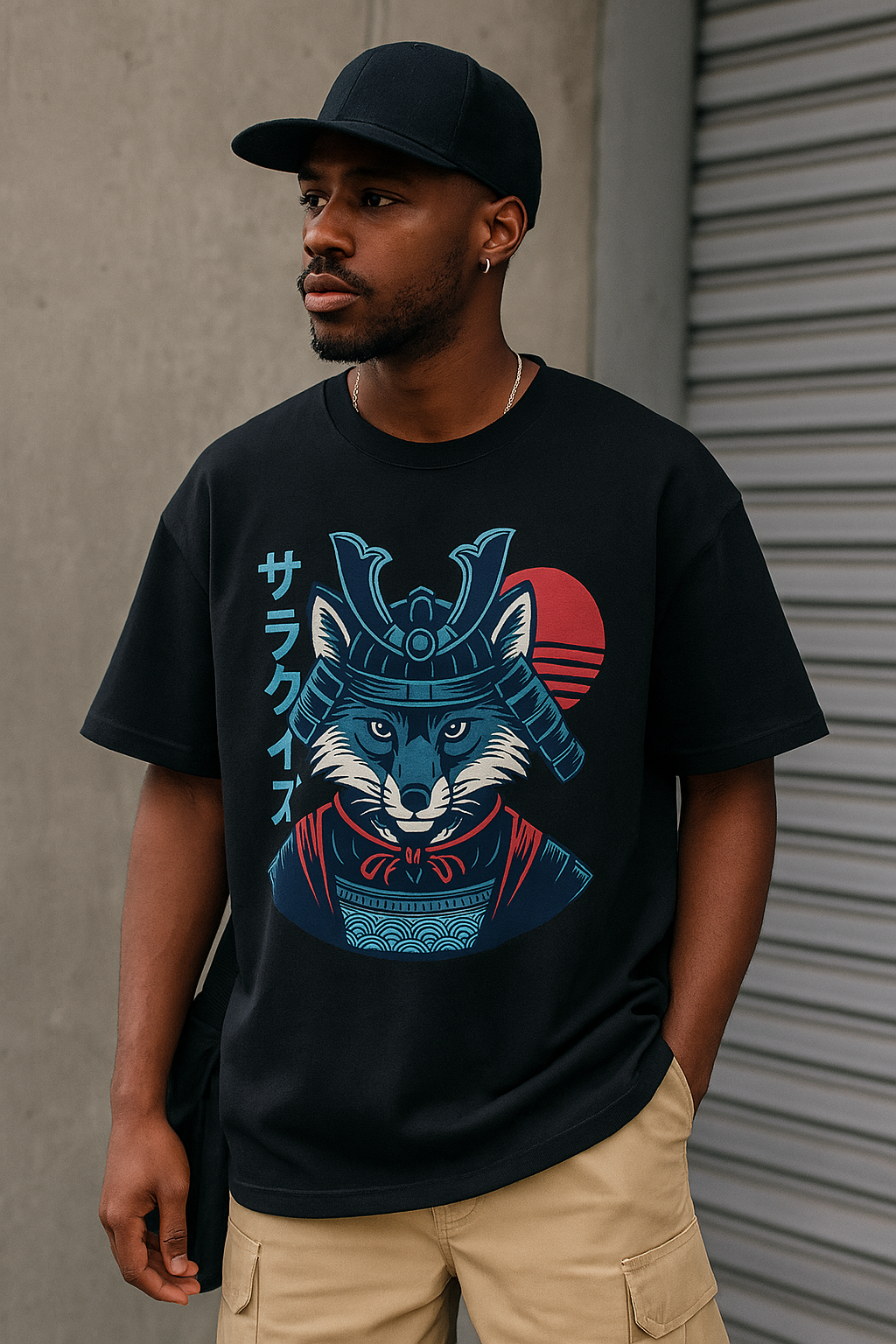 T-shirt mockup showcasing the fox samurai design on a wearer