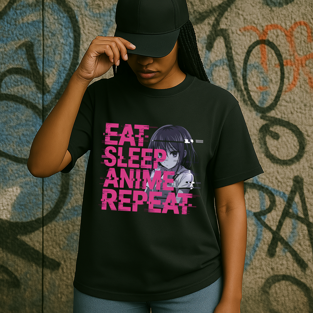 Boy modeling anime-themed T-shirt with vibrant glitch text design anime lovers t-shirt
