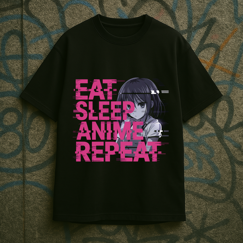 Black T-shirt mockup with anime-inspired glitch text and illustration anime lovers t-shirt art