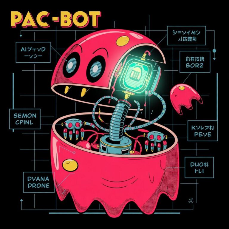 Digital illustration of PAC-BOT character with mechanical and retro video game elements