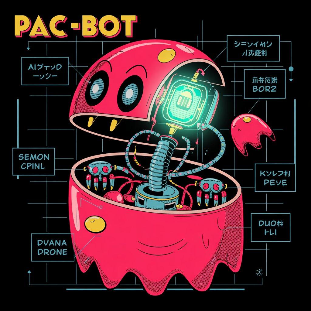 Digital illustration of PAC-BOT character with mechanical and retro video game elements Original PAC-BOT robot design for T-shirt art
