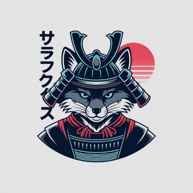 Digital fox samurai helmet and armor design with bold Japanese text and setting sun background