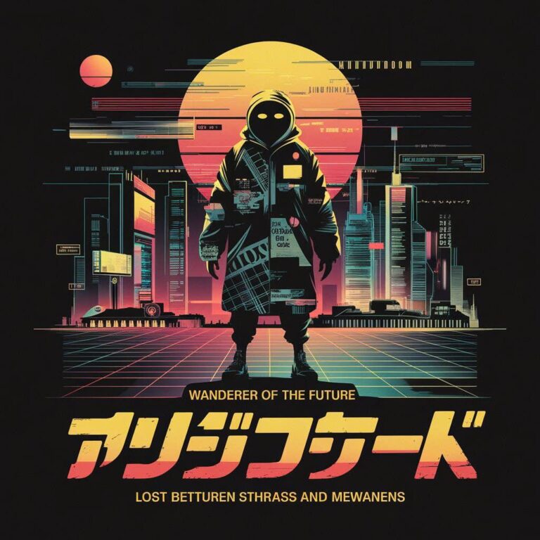 Futuristic cyberpunk cityscape digital art with neon colors and stylized text, ready for T-shirt printing