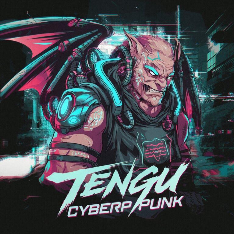 Cyberpunk Tengu character digital artwork with glowing elements and mechanical wings