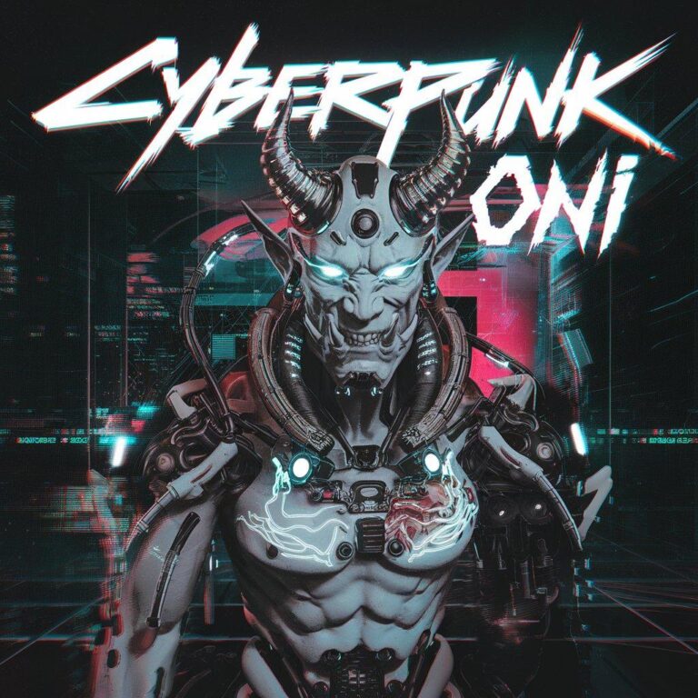 Cyberpunk oni digital art with neon glow, horns, and cybernetic enhancements.