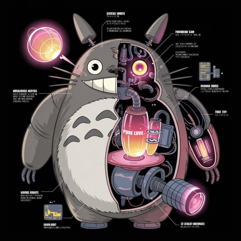 Close-up of whimsical Totoro-inspired mechanical T-shirt design with labeled components