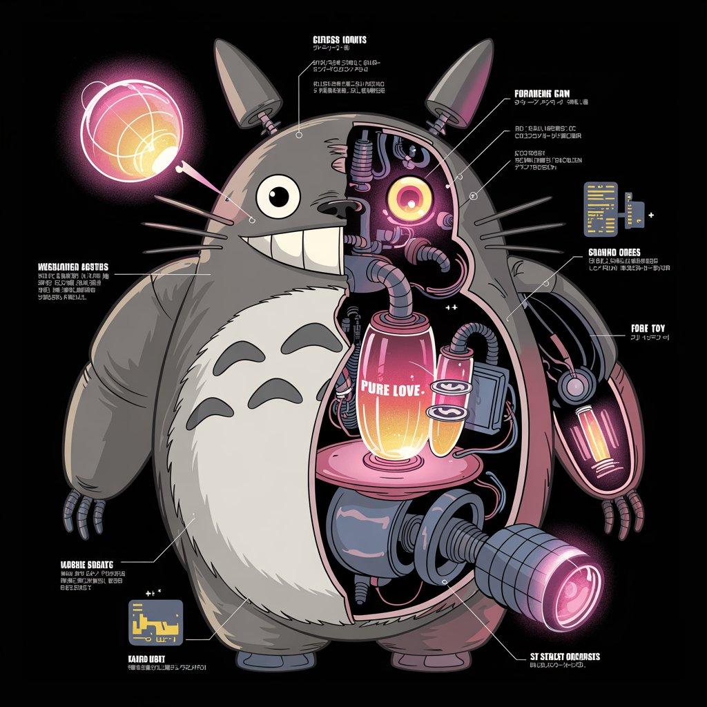 Close-up of whimsical Totoro-inspired mechanical T-shirt design with labeled components totoro cyberpunk art