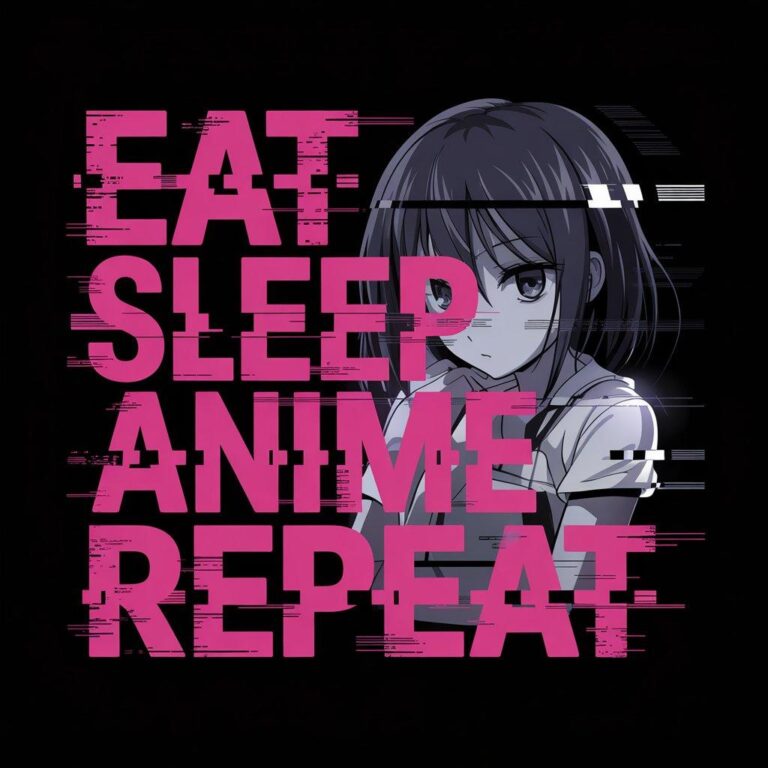 Digital rendering of anime-themed T-shirt design with glitchy pink text and anime girl illustration