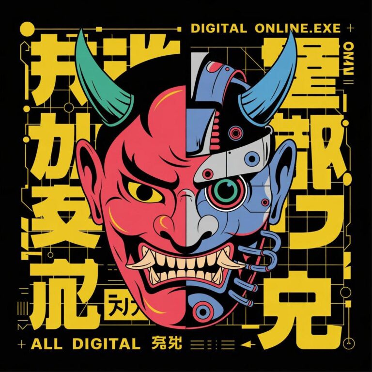 Digital illustration of a mask split into traditional red oni and cybernetic robotic styles with Japanese characters