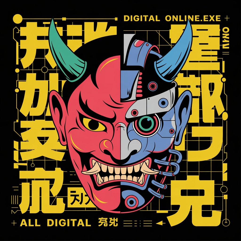 Digital illustration of a mask split into traditional red oni and cybernetic robotic styles with Japanese characters Original digital design featuring a split oni and cyber mask for T-shirt artwork