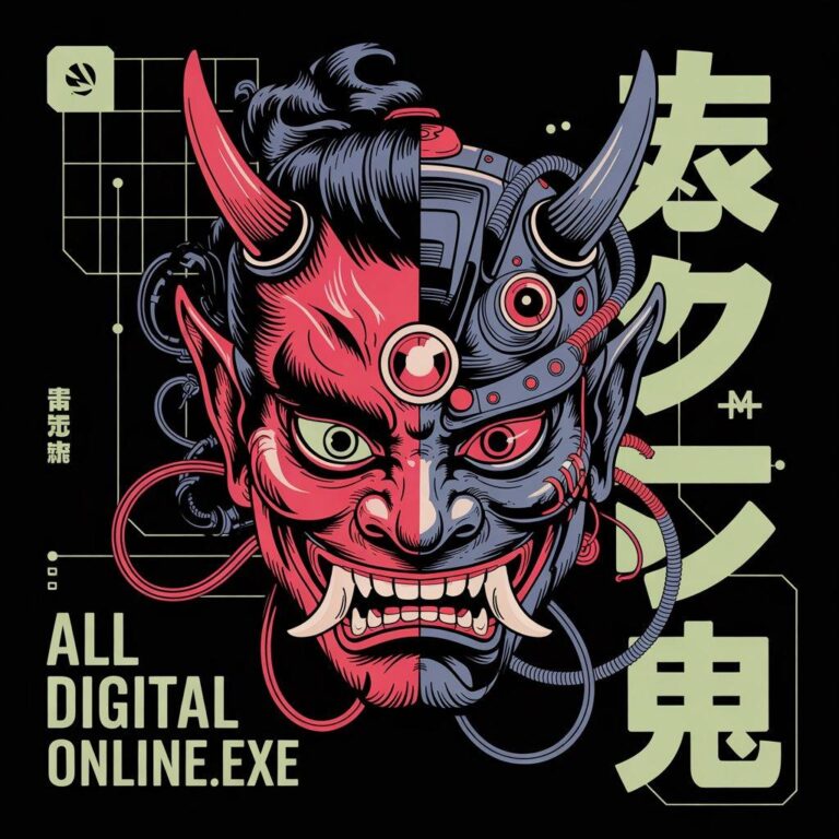 Digital illustration of a half-human, half-cyborg demon mask with traditional and cybernetic features