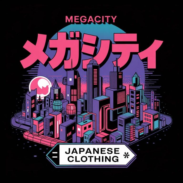 Futuristic cityscape illustration with vibrant pink, purple, and blue accents for T-shirt design preview
