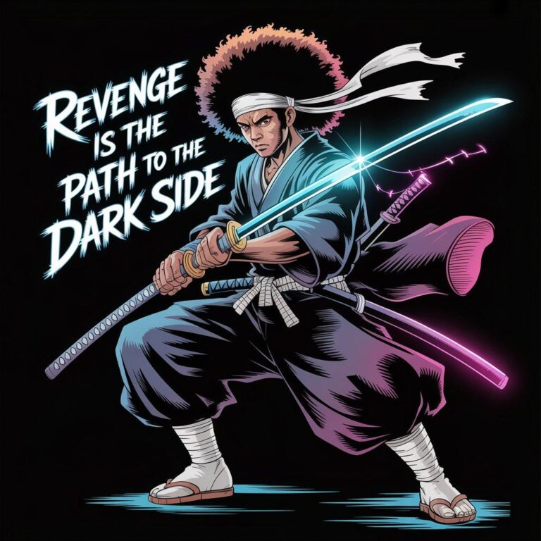 Digital illustration of a samurai warrior with afro and neon swords for T-shirt design
