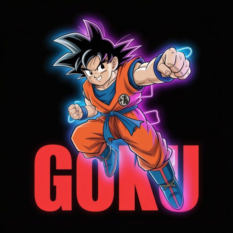 Digital design of Goku in orange martial arts outfit with neon glow effect for T-shirt printing