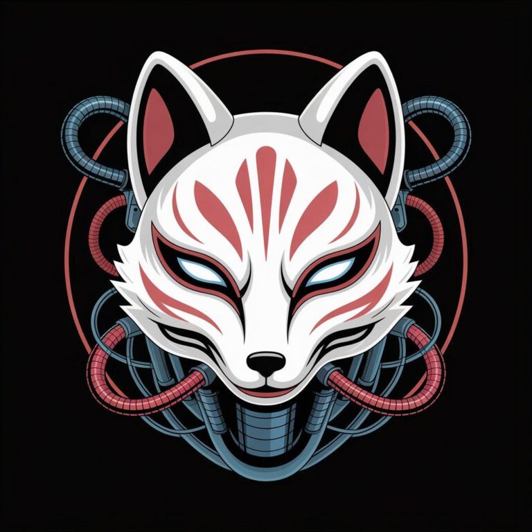 Futuristic fox mask digital design with geometric red and white features and cybernetic blue and red cables