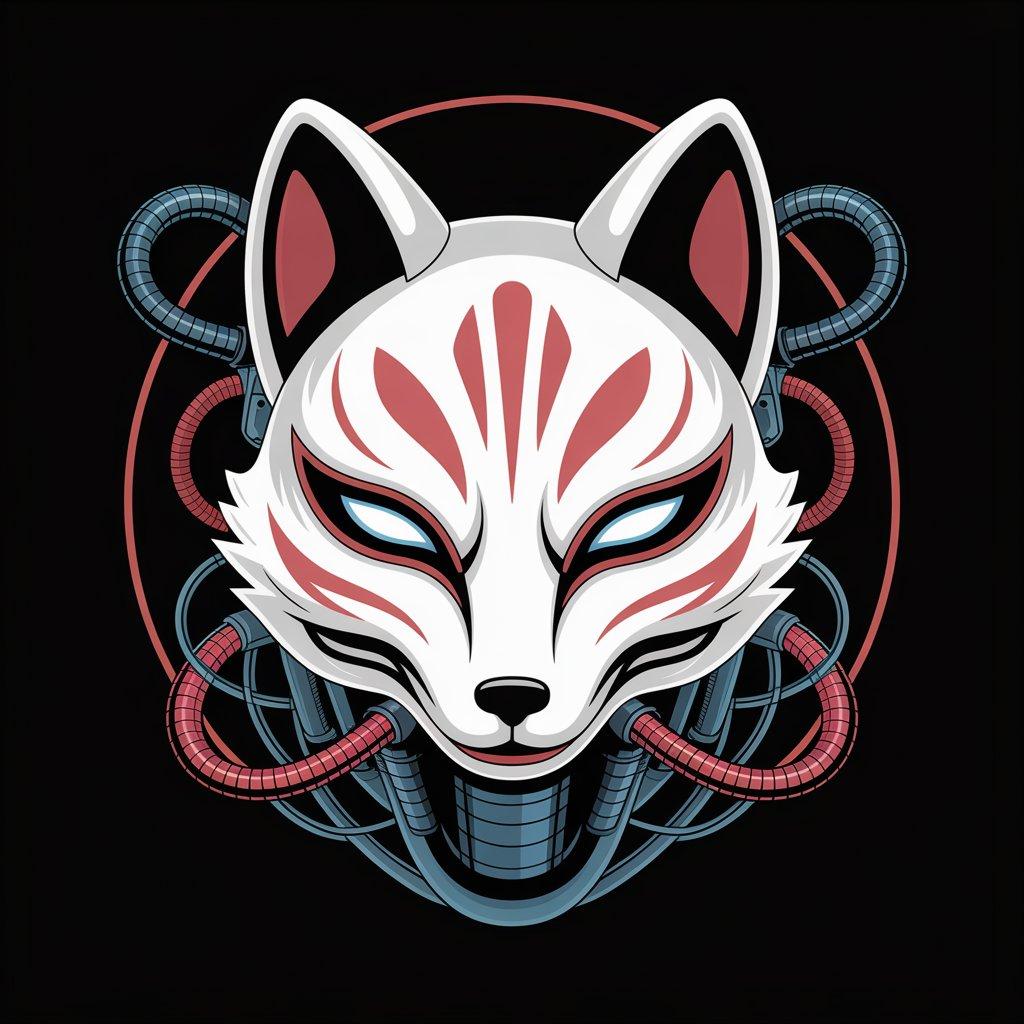 Futuristic fox mask digital design with geometric red and white features and cybernetic blue and red cables Futuristic fox mask digital design for T-shirt artwork