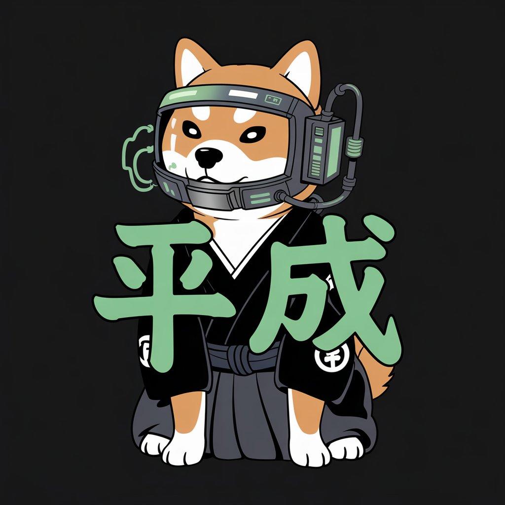 Digital illustration of a Shiba Inu dog in a futuristic helmet and traditional kimono for T-shirt design Original Shiba Inu T-shirt design with Japanese elements