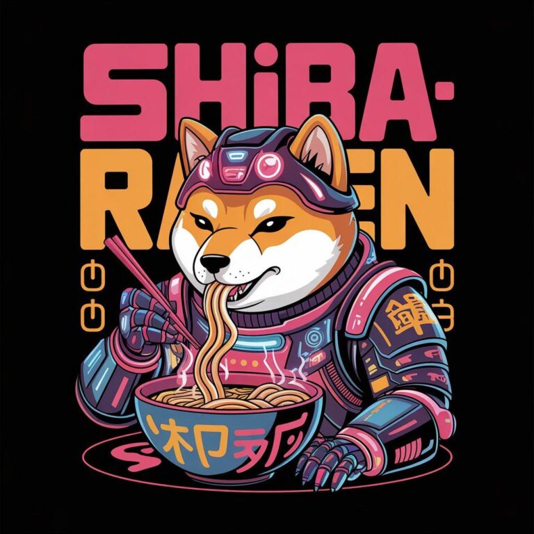 Vibrant digital illustration of a cybernetic Shiba Inu dog eating ramen, featuring bold colors and futuristic details.