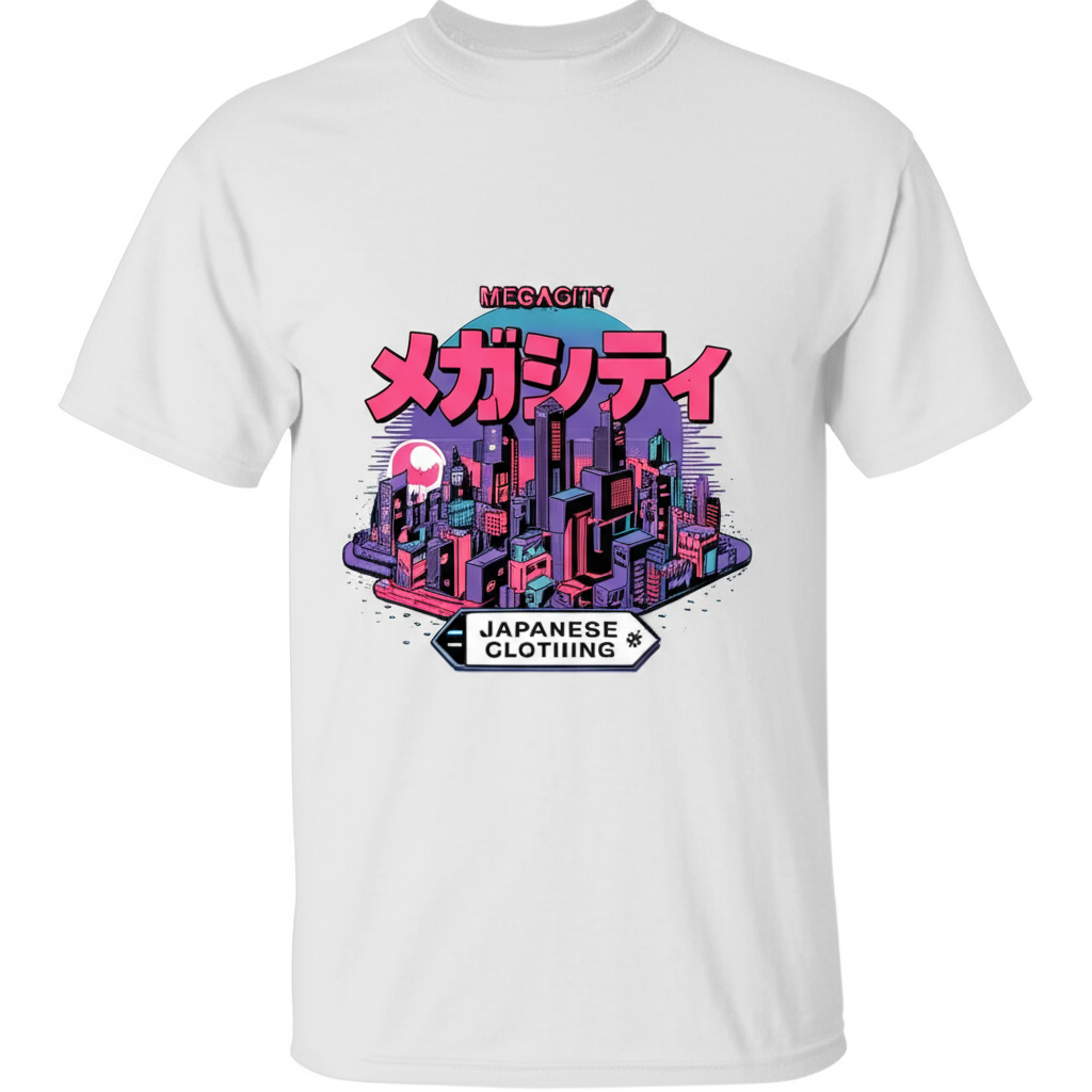 Flat T-shirt mockup displaying the promotional cityscape design without model