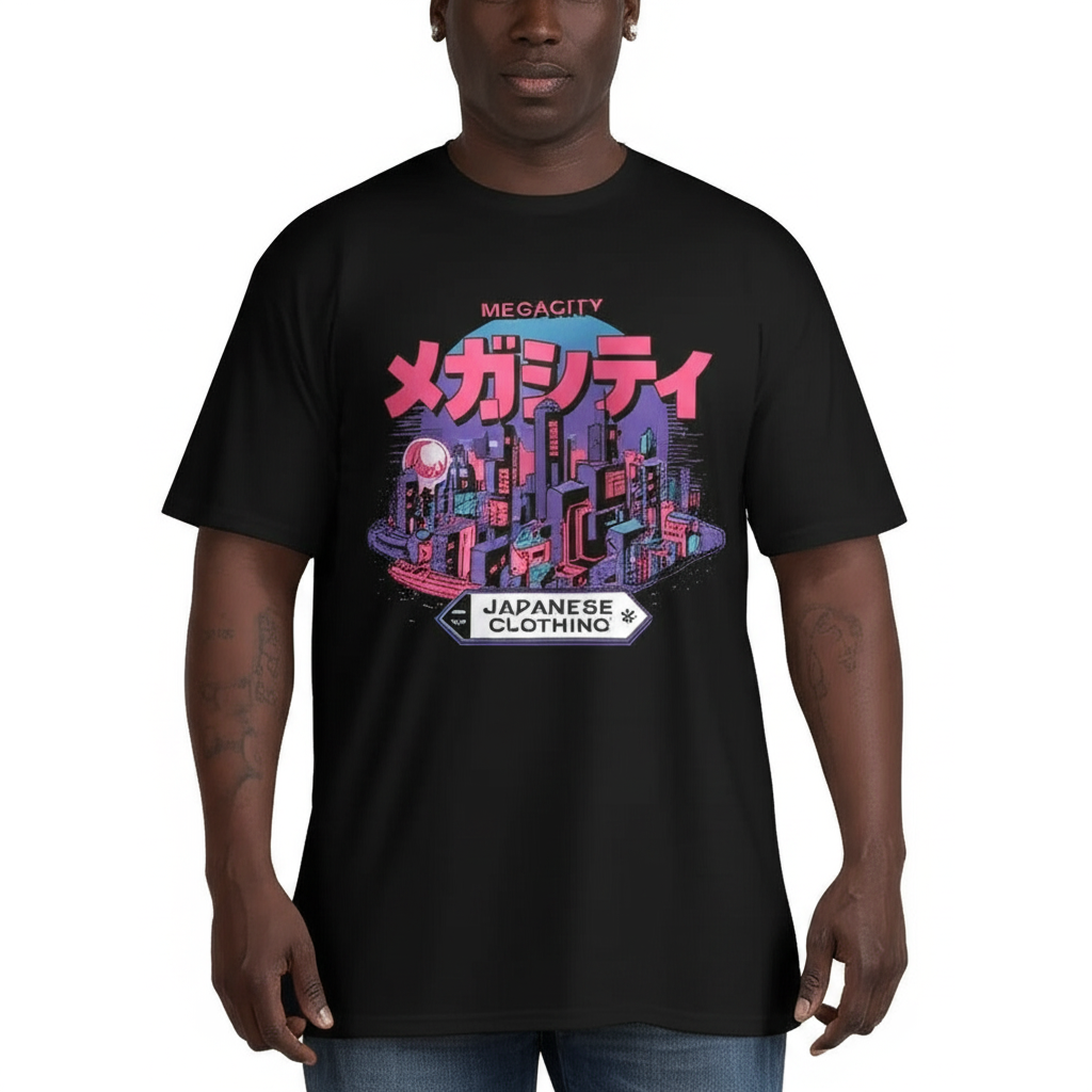 Model wearing T-shirt featuring the vibrant cityscape design with Japanese text