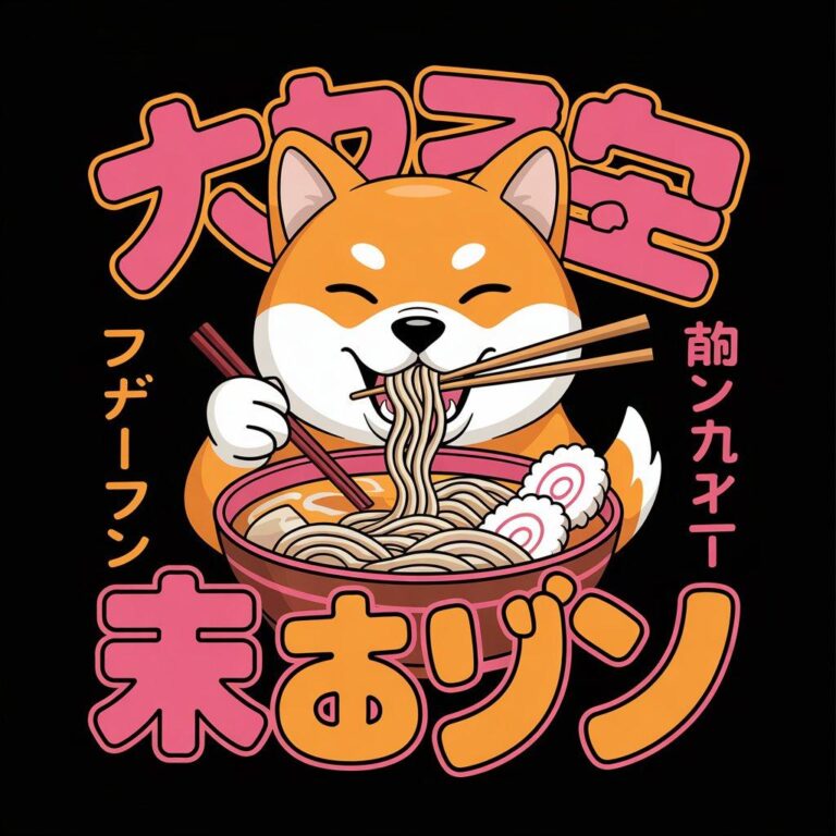 Original digital T-shirt design featuring a cute Shiba Inu dog enjoying ramen noodles
