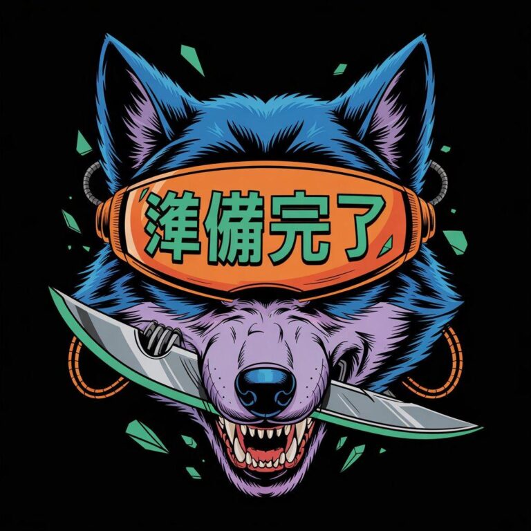 Futuristic wolf digital design with orange visor and neon colors for T-shirt art