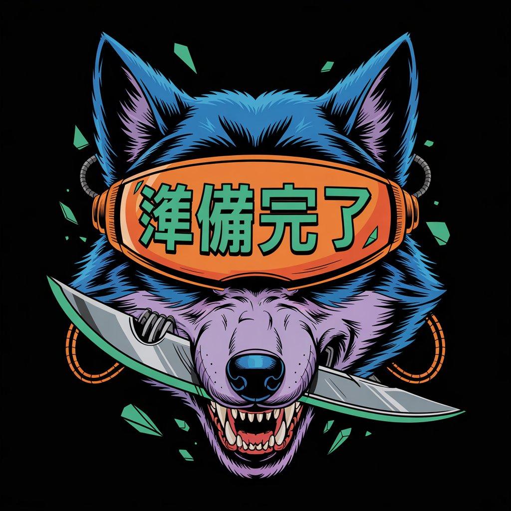 Futuristic wolf digital design with orange visor and neon colors for T-shirt art Cyberpunk Wolf Art