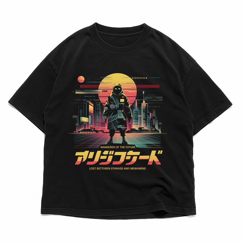 Neon cyberpunk cityscape T-shirt mockup without model