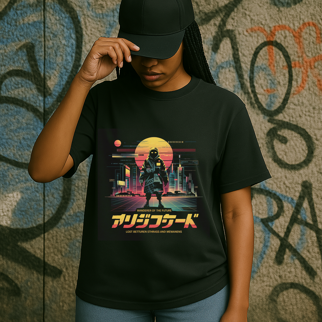 Model showcasing cyberpunk-themed T-shirt with neon cityscape print