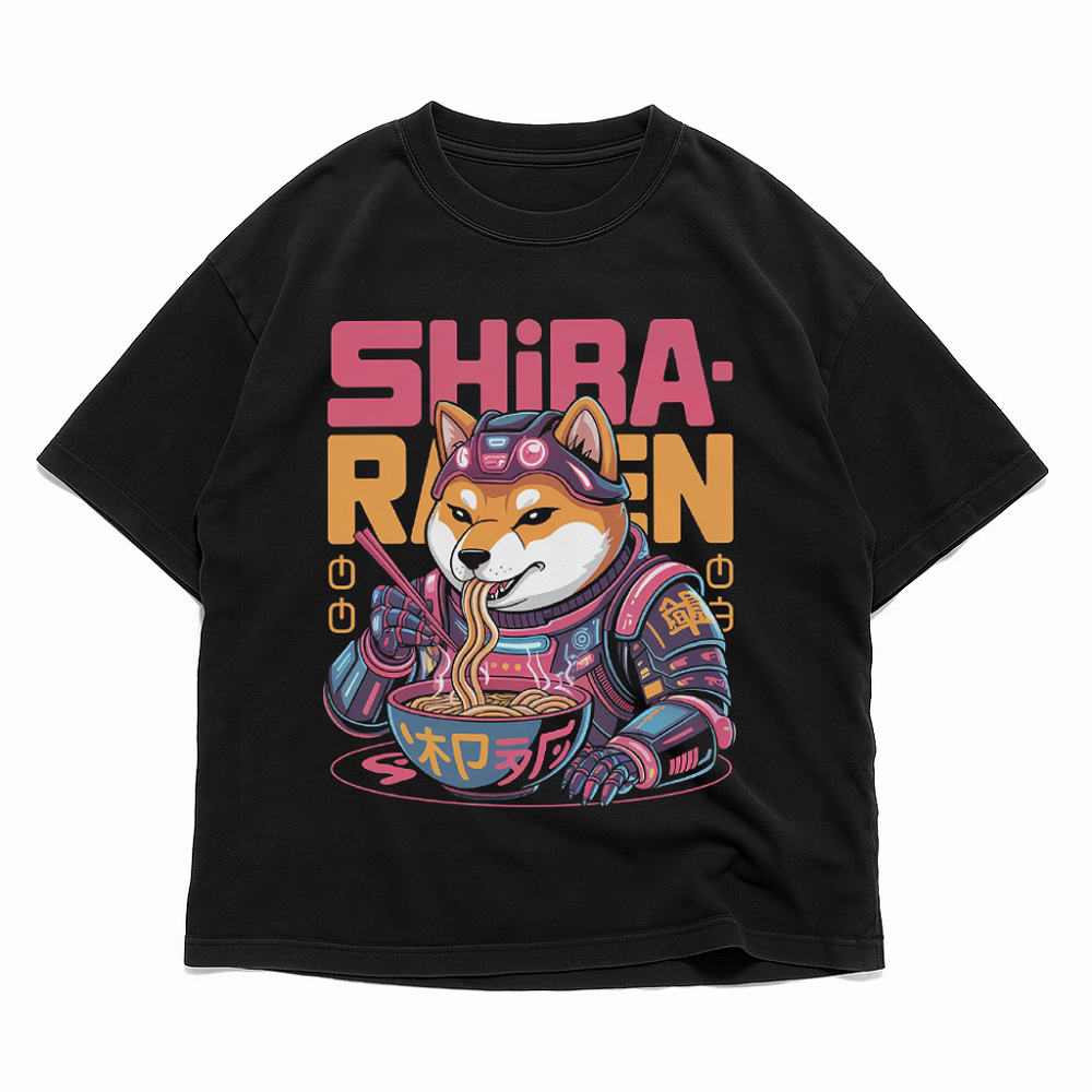 Plain T-shirt with cyberpunk Shiba Inu ramen graphic Futuristic Shiba Inu ramen T-shirt