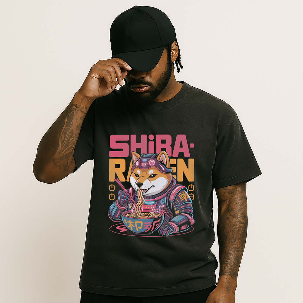 Model showcasing cyberpunk style Shiba Inu ramen T-shirt Futuristic Shiba Inu ramen T-shirt