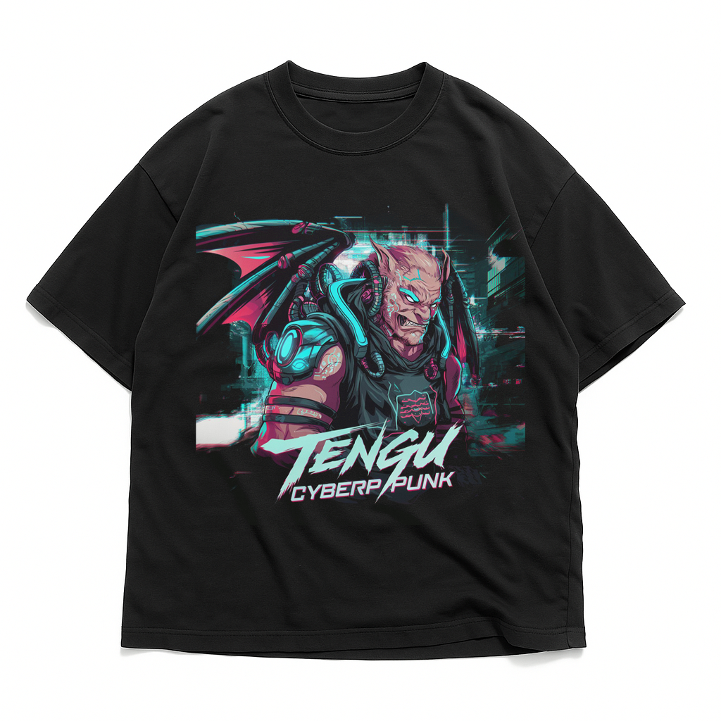 Product mockup of cyberpunk Tengu T-shirt without model tengu cyberpunk t-shirt art