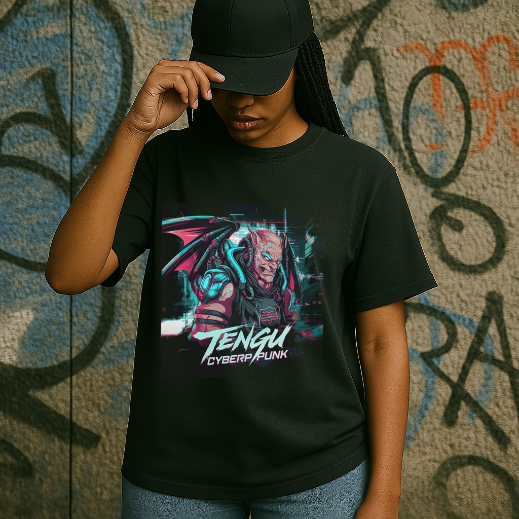 Model showcasing cyberpunk Tengu T-shirt with futuristic aesthetic tengu cyberpunk t-shirt