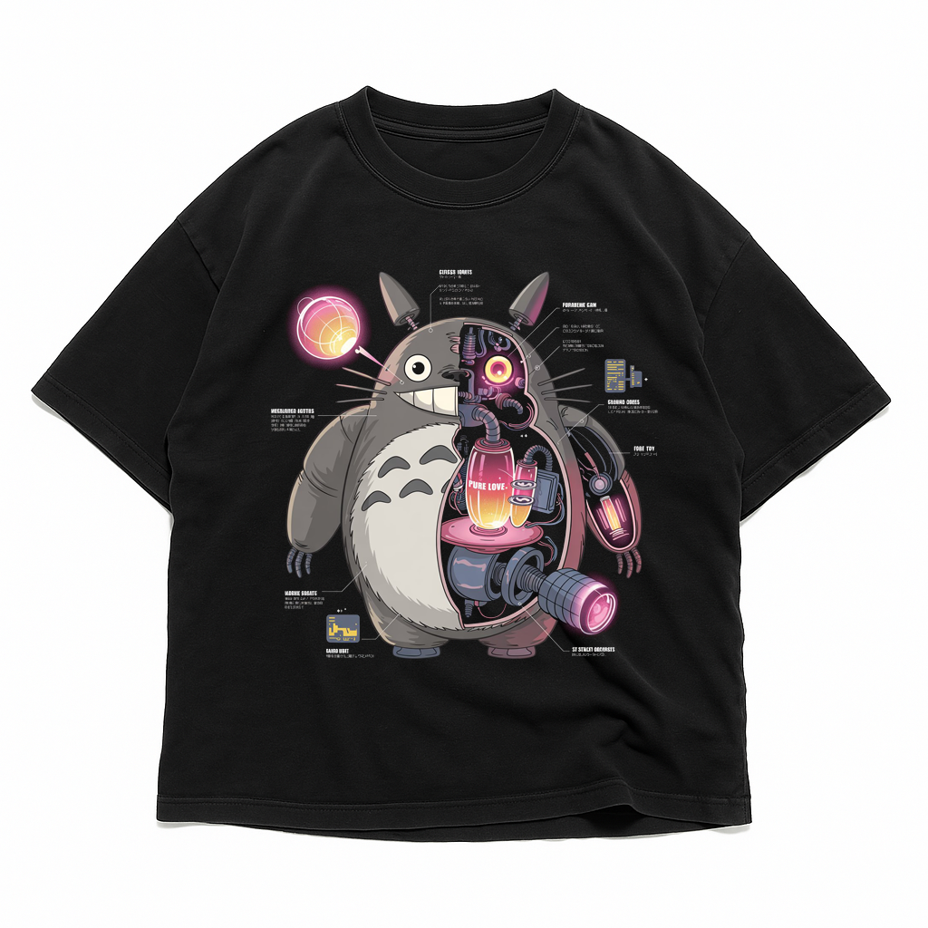Product shot of T-shirt featuring fun Totoro-inspired mechanical illustration totoro cyberpunk t-shirt