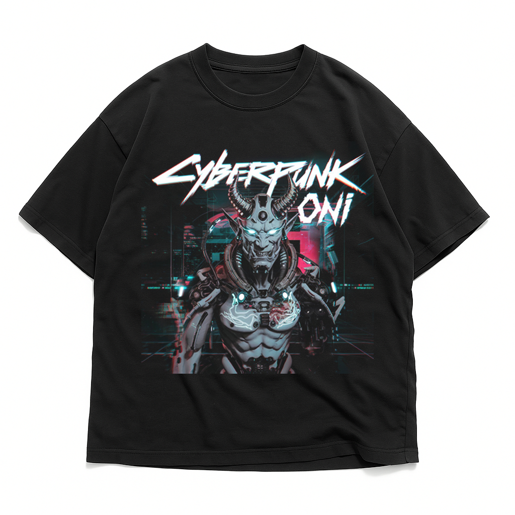 T-shirt mockup showcasing cyberpunk oni illustration cyberpunk oni t-shirt art