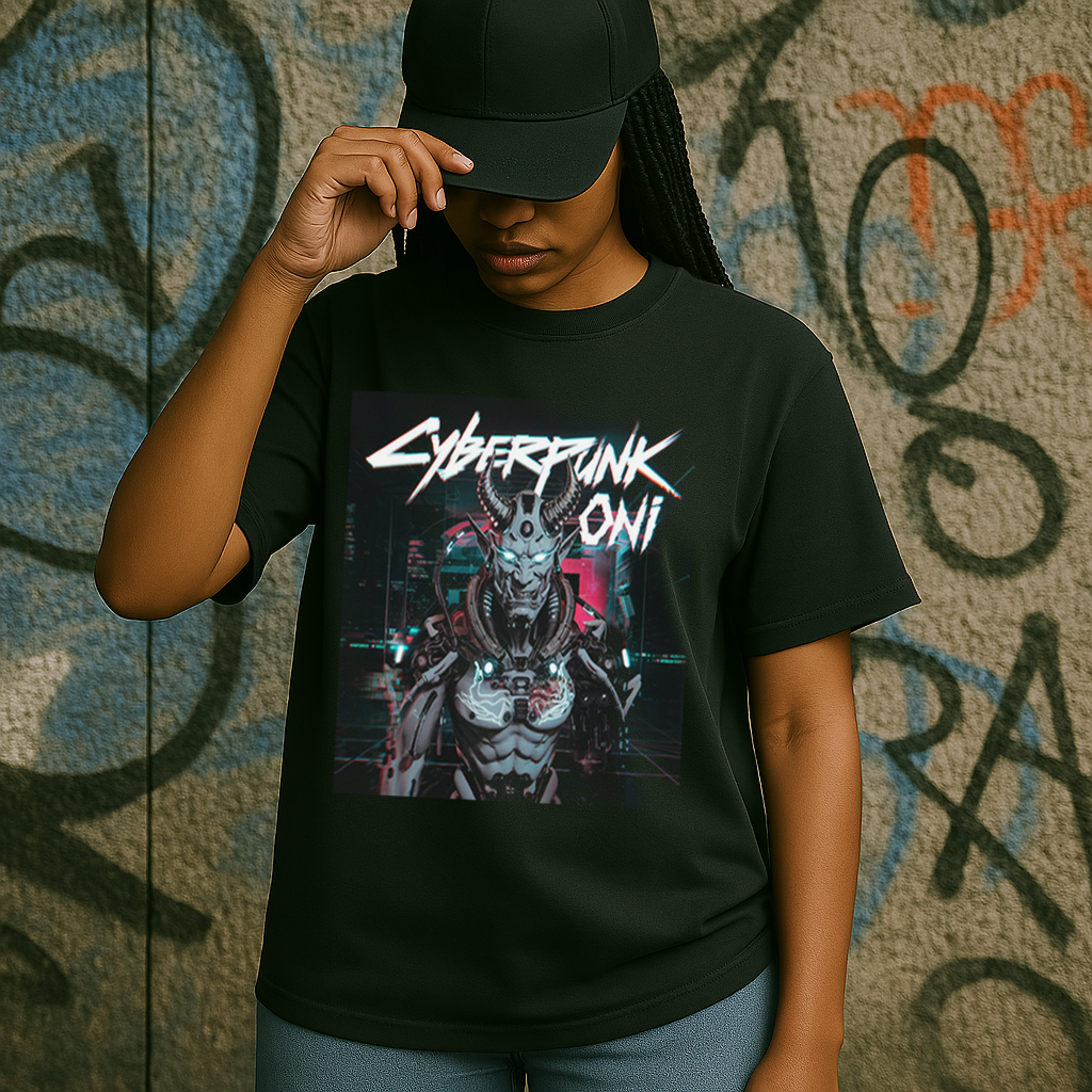T-shirt mockup with person wearing cyberpunk oni themed design cyberpunk oni t-shirt